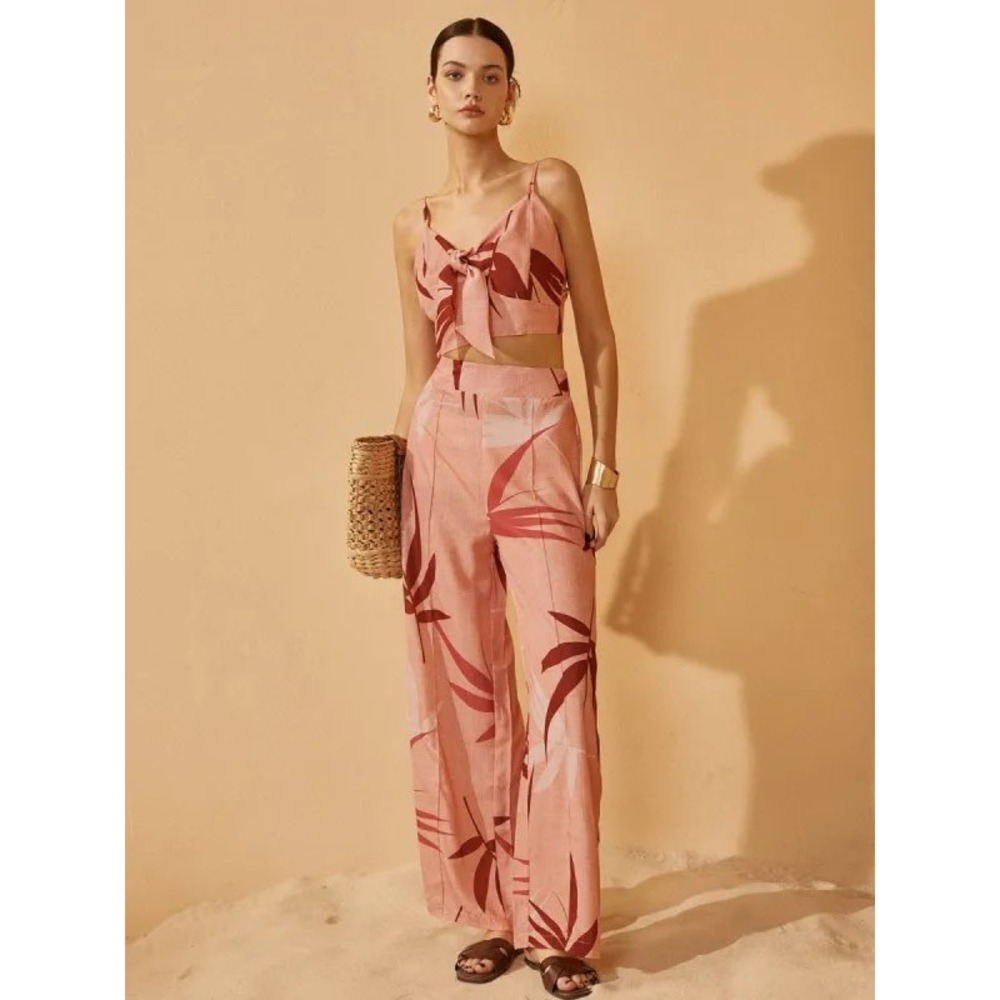 MICAS Tropical Two Piece Set Tie Front Crop Top High Waist Wide Leg Pant Size XL